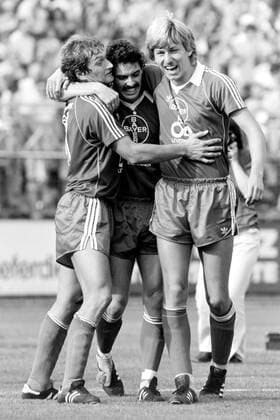 GLOWACZ Juergen Team Bayer 04 Leverkusen cheers after his goal with HERZOG Dieter Fussball Bundesliga Season 1979 1980 Game Bayer 04 Leverkusen 1 FC Kaiserslautern on 01 09 1979 in Leverkusen