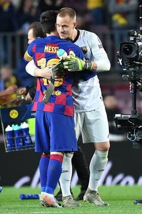 Barcelona, Camp Nou, 27 11 19, Champions League FC Barcelona Borussia Dortmund v li Lionel Messi Barcelona and goalkeeper Marc Andre ter Stegen Barcelona Champions League FC Barcelona Borussia Dortmund Barcelona Copyright: xEibner-Pressefotox EP_eer