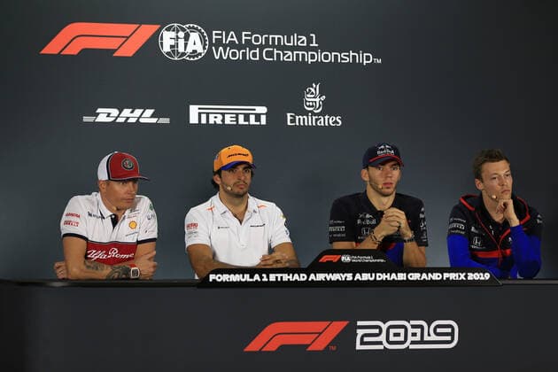 28th November 2019; Yas Marina Circuit, Abu Dhabi, United Arab Emirates; Formula 1 Abu Dhabi Grand Prix, arrivals day; Alfa Romeo Racing, Kimi Raikkonen, McLaren, Carlos Sainz, Scuderia Toro Rosso, Pierre Gasly and Scuderia Toro Rosso, Daniil Kvyat - Editorial Use  ActionPlus12191827 LeannexBoon