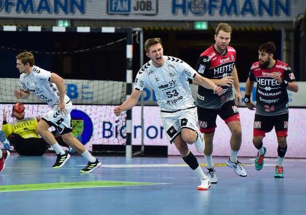 28 11 2019 Handball 1 Bundesliga Liqui Moly HBL Season 2019 2020 15 Matchday HC Erlangen Metropolregion Nürnberg HCE THW Kiel OGo Nikola Bilyk 53, THW Kiel Jubel Freude Petter Overby 9, HC Erlangen HCE Quentin Minel 34, HC Erlangen HCE