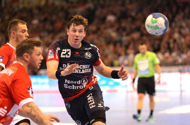 Photo Goalscoring by Goran Johannessen Flensburg against Arnor Thor Gunnarsson BHC Handball Men 1 Bundesliga Do 28 11 2019 SG Flensburg Bergischer HC