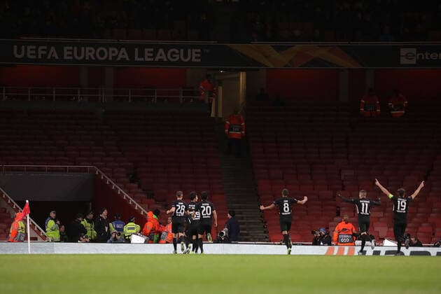 28 11 2019 Group match Group F UEFA Europa League Season 2019 20 FC Arsenal Eintracht Frankfurt v l , Eintracht Frankfurt Torjubel, Goal celebration, celebrate the goal in front of empty guest block Photo Joaquim Ferreira Copyright: JoaquimxFerreira