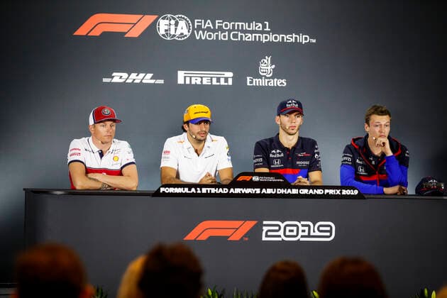 Motorsports: FIA Formula One World Championship, WM, Weltmeisterschaft 2019, Grand Prix of Abu Dhabi, 7 Kimi Raikkonen (FIN, Alfa Romeo Racing), 55 Carlos Sainz jr. (ESP, McLaren F1 Team), 10 Pierre Gasly (FRA, Red Bull Toro Rosso Honda), 26 Daniil Kvyat (RUS, Red Bull Toro Rosso Honda), Abu Dhabi United Arab Emirates