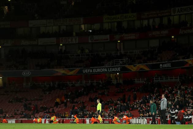 28th November 2019; Emirates Stadium, London, England; UEFA Europa League Football, Arsenal versus Frankfurt; A dejected Arsenal Manager Unai Emery with a partial empty stadium behind him - Editorial Use  ActionPlus12191919 ShaunxBrooks