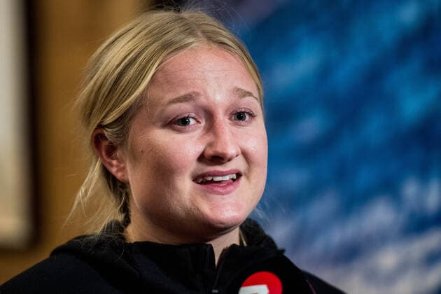 191129 Hanna Blomstrand of Sweden is interviewed by the media during a press meeting ahead of the Women s World Handball Championship on November 29, 2019 in Kumamoto Photo Ludvig Thunman BILDBYRAN kod LT 35686 bbeng dam women handball handboll world handball championship 2019 sweden press meeting,  Copyright: LUDVIGxTHUNMAN BB191129LT021