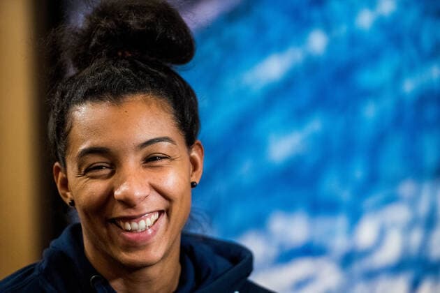 191129 Jamina Roberts of Sweden is interviewed by the media during a press meeting ahead of the Women s World Handball Championship on November 29, 2019 in Kumamoto Photo Ludvig Thunman BILDBYRAN kod LT 35686 bbeng dam women handball handboll world handball championship 2019 sweden press meeting,  Copyright: LUDVIGxTHUNMAN BB191129LT032