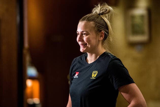 191129 Isabelle Gullden of Sweden is interviewed by the media during a press meeting ahead of the Women s World Handball Championship on November 29, 2019 in Kumamoto Photo Ludvig Thunman BILDBYRAN kod LT 35686 bbeng dam women handball handboll world handball championship 2019 sweden press meeting,  Copyright: LUDVIGxTHUNMAN BB191129LT034