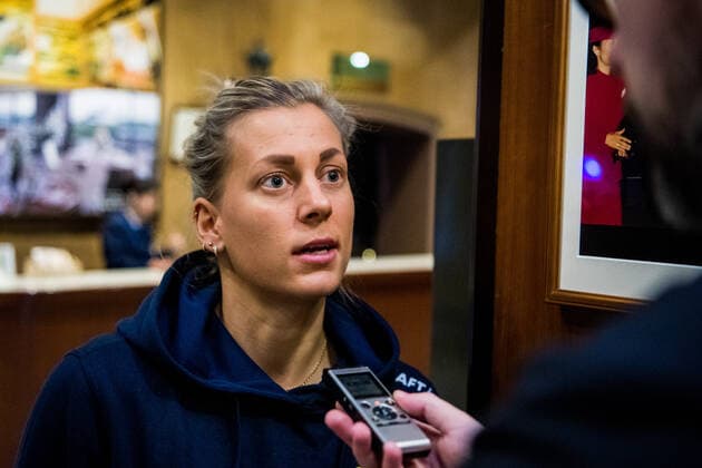 191129 Nathalie Hagman of Sweden is interviewed by the media during a press meeting ahead of the Women s World Handball Championship on November 29, 2019 in Kumamoto Photo Ludvig Thunman BILDBYRAN kod LT 35686 bbeng dam women handball handboll world handball championship 2019 sweden press meeting,  Copyright: LUDVIGxTHUNMAN BB191129LT044