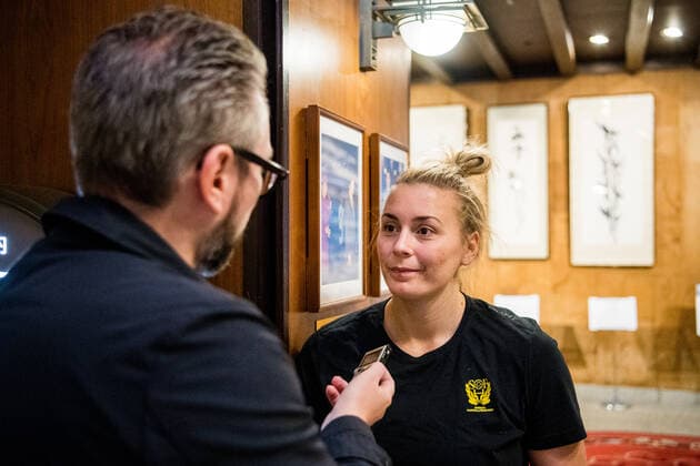 191129 Isabelle Gullden of Sweden is interviewed by the media during a press meeting ahead of the Women s World Handball Championship on November 29, 2019 in Kumamoto Photo Ludvig Thunman BILDBYRAN kod LT 35686 bbeng dam women handball handboll world handball championship 2019 sweden press meeting,  Copyright: LUDVIGxTHUNMAN BB191129LT045