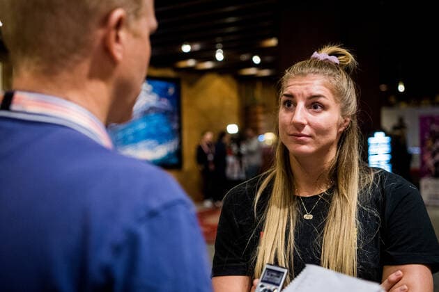 191129 Linn Blohm of Sweden is interviewed by the media during a press meeting ahead of the Women s World Handball Championship on November 29, 2019 in Kumamoto Photo Ludvig Thunman BILDBYRAN kod LT 35686 bbeng dam women handball handboll world handball championship 2019 sweden press meeting,  Copyright: LUDVIGxTHUNMAN BB191129LT046