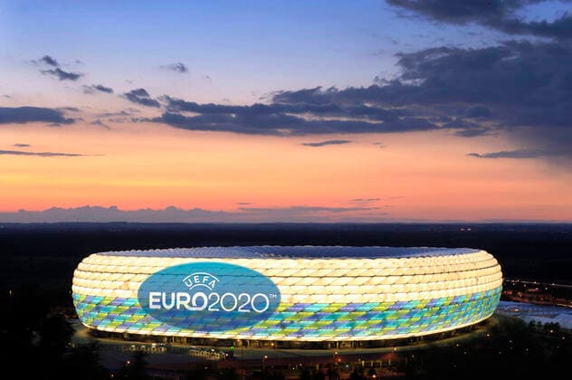 For the draw of the football Euro 2020 on 30 11 2019 in Bucharest EURO 2020 comes to Munich Munich is one of 13 venues of the European Championship 2020 This was announced by the European Football Association UEFA on Friday in Geneva In the Allianz Arena will be held in six years three preliminary round matches and a quarterfinal archive photo ALLIANZ ARENA in the evening sky,Soccer Arena,soccer stadium,stadium,FC Bayern Munich,twilight,evening twilight,night sky,white lighting,white illuminated,light,mood,evening mood,overview,totals,architecture Â