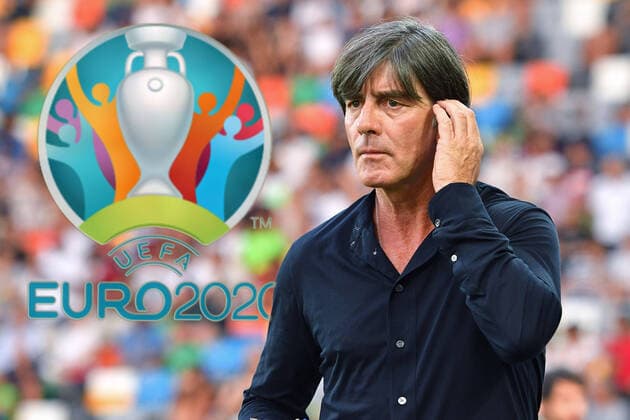 For the draw of the football Euro 2020 on 30 11 2019 in Bucharest FOTOMONTAGE national coach Joachim Jogi LOEW,L¦W GER in front of the logo of the Euro 2020,EURO 2020,European Championship, archive photo national coach Joachim Jogi LOEW,Lââ¬Â¦W GER , Gesture, single picture, cut single motive, portrait, portrait, portrait Spain ESP Germany GER 2 1, on 30 06 2019 Stadio Friuli Udine Football U 21, FINALE UEFA Under21 European Championship in Italy SanMarino from 16 30 06 2019 Â
