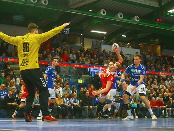 Goalscoring by Tim Zechel Essen , left goalkeeper Eric Töpfer Aue , right Kevin Lux Aue Handball 2 League 2019 20 EHV Aue TuSEM Essen am 29 11 2019 EHV Aue TuSEM Essen