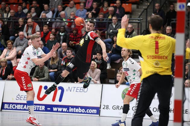 v l Jan von Boenigk ASV Hamm Westfalen 95 , Roman Becvar TuS N Luebbecke 3 , Marten Franke ASV Hamm Westfalen 55 , Felix Storbeck ASV Hamm Westfalen 1 GER, Handball, 2 Bundesliga, TuS N Luebbecke vs ASV Hamm Westfalen, 29 11 2019 Luebbecke Copyright: xStrohdiekx Eibner-Pressefotox EP_jsk