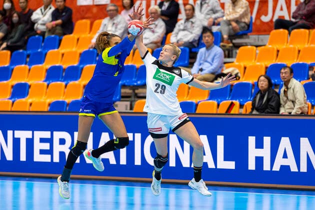 Handball, Womens World Cup 2019, preliminary round, Group B, 1 matchday , Germany Brazil v left in duel Ana Paula Rodrigues Belo Brazil and Antje Lauenroth Germany Bietigheim Yamaga City Overall High School Kumamoto Japan