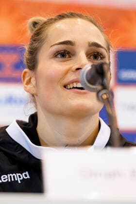 Handball, Women WM 2019, preliminary round, Group B, 1 matchday , Germany Brazil Goalkeeper Dinah Eckerle Germany SG BBM Bietigheim at the press conference Yamaga City Overall High School Kumamoto Japan