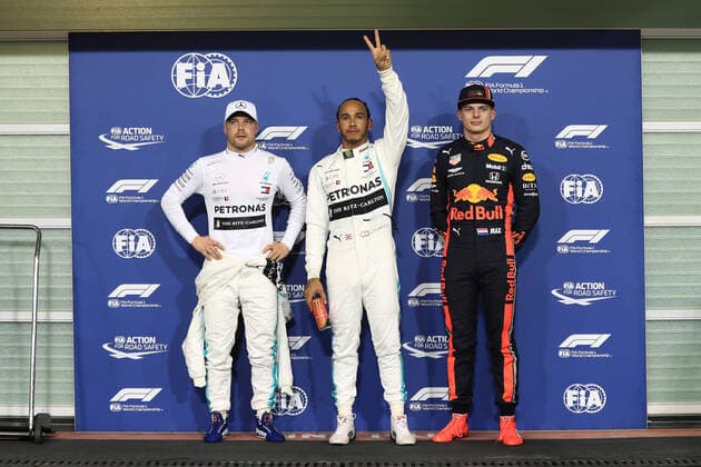 30th November 2019; Yas Marina Circuit, Abu Dhabi, United Arab Emirates; Formula 1 Abu Dhabi Grand Prix, qualifying day; Mercedes AMG Petronas Motorsport, Lewis Hamilton takes pole followed by team mate Valtteri Bottas and Aston Martin Red Bull Racing, Max Verstappen - Editorial Use  ActionPlus12192374 LeannexBoon