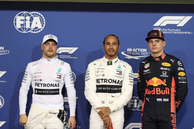 30th November 2019; Yas Marina Circuit, Abu Dhabi, United Arab Emirates; Formula 1 Abu Dhabi Grand Prix, qualifying day; Mercedes AMG Petronas Motorsport, Lewis Hamilton takes pole followed by team mate Valtteri Bottas and Aston Martin Red Bull Racing, Max Verstappen - Editorial Use  ActionPlus12192376 LeannexBoon