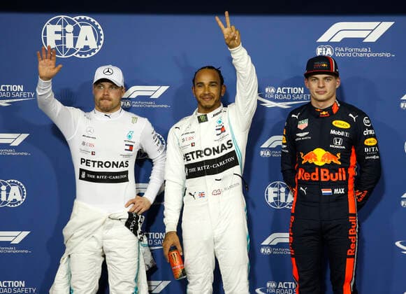 Motorsports: FIA Formula One World Championship, WM, Weltmeisterschaft 2019, Grand Prix of Abu Dhabi, 77 Valtteri Bottas (FIN, Mercedes AMG Petronas Motorsport), 44 Lewis Hamilton (GBR, Mercedes AMG Petronas Motorsport), 33 Max Verstappen (NLD, Aston Martin Red Bull Racing), Abu Dhabi United Arab Emirates