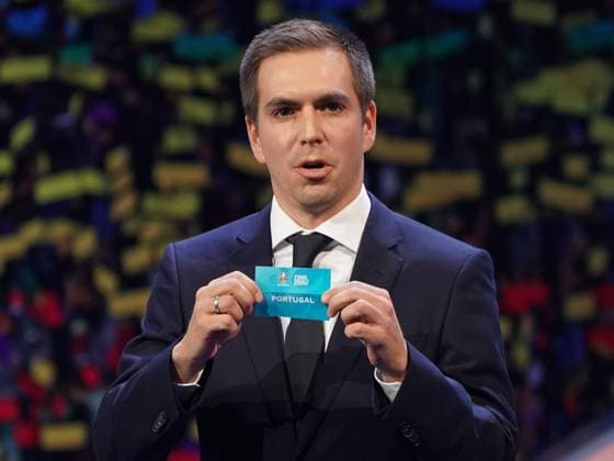 Philipp Lahm draws Portugal into the German group F 30 11 2019 UEFA EURO2020 Draw, Romexpo Bucharest, DISCLAIMER UEFA regulations prohibit any use of photographs as image sequences and or quasi video