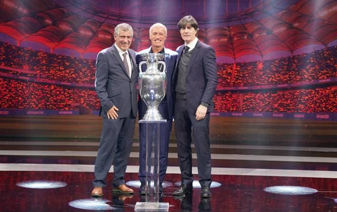 national coach Joachim Loew Germany Germany with national coach Fernando Santos Portugal , national coach Didier Deschamps France, France 30 11 2019 UEFA EURO2020 draw, Romexpo Bucharest, DISCLAIMER UEFA regulations prohibit any use of photographs as image sequences and or quasi video