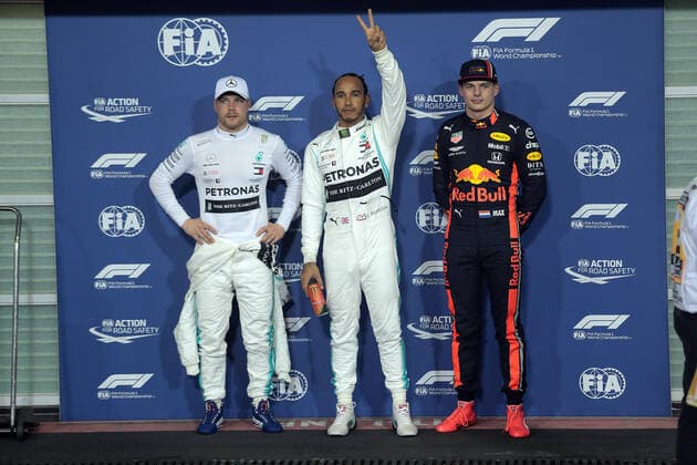 Photo4 LaPresse 30 11 2019 Abu Dhabi, United Arab Emirates Grand Prix Formula One Abu Dhabi 2019 In the pic: pole position 1& xb0; Lewis Hamilton (GBR) Mercedes AMG F1 W10 2nd position Valtteri Bottas (FIN) Mercedes AMG F1 W10 3rd position Max Verstappen (NED) Red Bull Racing RB15  Copyright: xPhoto4 LaPressex