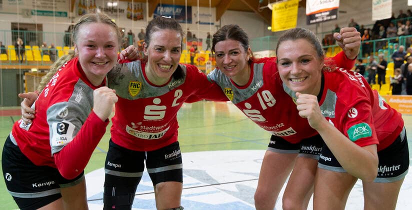 Frankfurt Oder , 30 11 2019 FHC vs. MTV Heide 36 31 Joy for the FHC players about the victory against MTV Heide v l r Kathleen Mueller, Anja Ziemer, Monika Odrowska, and Jessica Jander