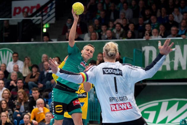 Minden, Germany 30 11 2019 1 Handball Bundesliga 2019 2020 GWD Minden vs Rhein Neckar Löwen L R Mats Korte Minden , Mikael Appelgren Löwen Minden Nordrhein Westfalen Germany Kampa Halle