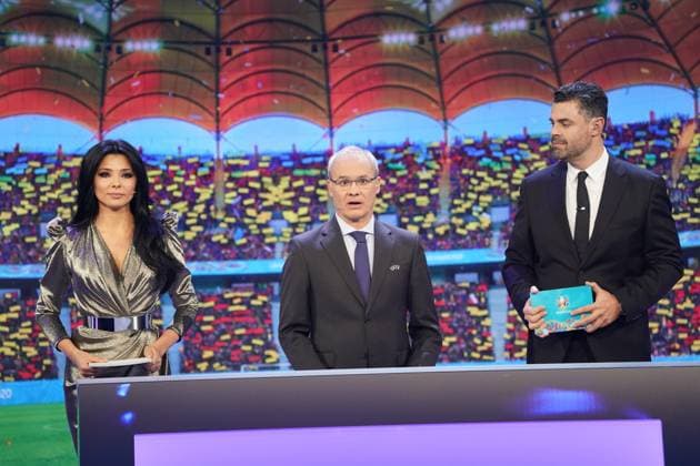 Moderators Corina Caragea and Pedro Pinto, as well as UEFA Secretary General Giorgio Marchetti 30 11 2019 UEFA EURO2020 Draw, Romexpo Bucharest, DISCLAIMER UEFA regulations prohibit any use of photographs as image sequences and or quasi video