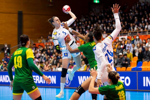 Handball, Womens World Cup 2019, preliminary round, Group B, 2nd matchday , Brazil France v left in the duel Camille Ayglon Saurina France and Tamires Araujo Brazil , Beatrice Edwige France at Yamaga City District Overall High School Kumamoto Japan