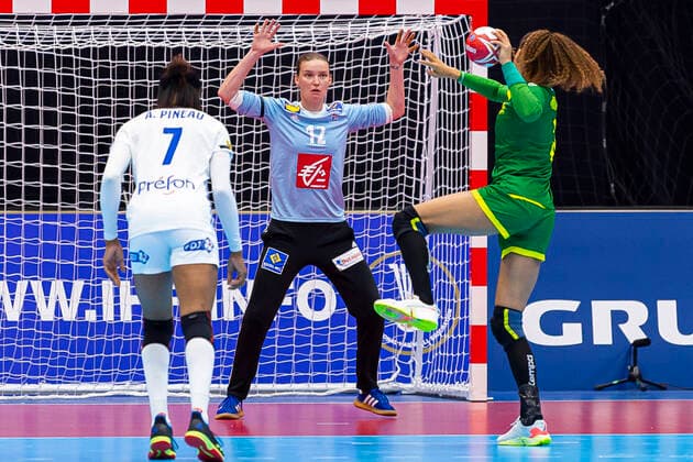 Handball, Womens World Cup 2019, preliminary round, Group B, 2nd matchday , Brazil France v li Allison Pineau France , Goalkeeper Amandine Leynaud France , Yamaga City Overall High School Kumamoto Japan