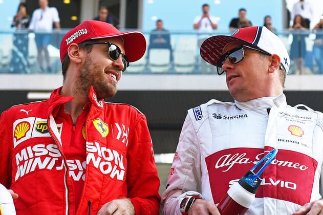 01 12 2019, xekx, Motorsport FIA, Formula 1 Abu Dhabi Grand Prix Race 2019 emspor, v l Sebastian Vettel Ferrari , Kimi Raikkonen Alfa Romeo Racing DFL DFB REGULATIONS PROHIBIT ANY USE OF PHOTOGRAPHS as IMAGE SEQUENCES and or QUASI VIDEO Abu Dhabi eel-fotografie Eberhard Krieger