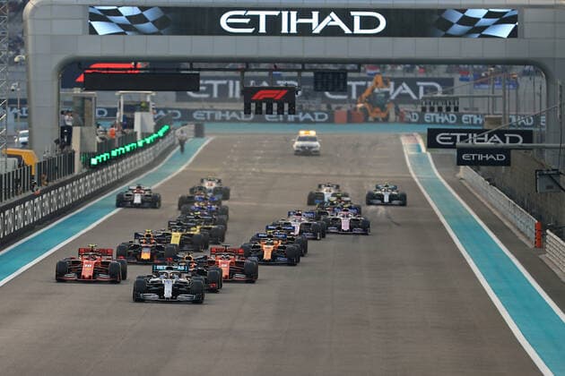 1st December 2019; Yas Marina Circuit, Abu Dhabi, United Arab Emirates; Formula 1 Abu Dhabi Grand Prix, race day; Mercedes AMG Petronas Motorsport, Lewis Hamilton leads race start into turn 1 - Editorial Use  ActionPlus12192785 LeannexBoon