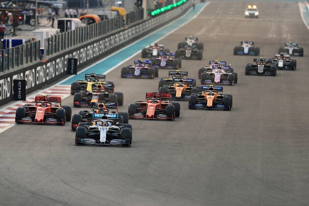 1st December 2019; Yas Marina Circuit, Abu Dhabi, United Arab Emirates; Formula 1 Abu Dhabi Grand Prix, race day; Mercedes AMG Petronas Motorsport, Lewis Hamilton leads race start into turn 1 - Editorial Use  ActionPlus12192787 LeannexBoon