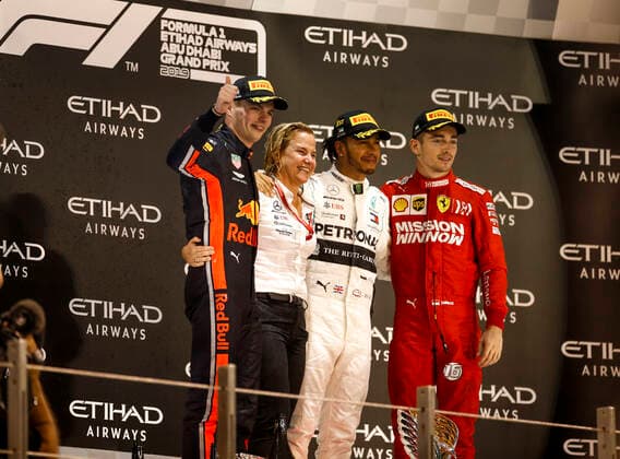 Motorsports: FIA Formula One World Championship, WM, Weltmeisterschaft 2019, Grand Prix of Abu Dhabi, 33 Max Verstappen (NLD, Aston Martin Red Bull Racing), Britta Seeger (GER, Member of the Board of Management of Daimler AG), 44 Lewis Hamilton (GBR, Mercedes AMG Petronas Motorsport), 16 Charles Leclerc (MCO, Scuderia Ferrari Mission Winnow), Abu Dhabi United Arab Emirates