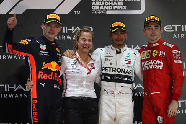 Photo4 LaPresse 01 12 2019 Abu Dhabi, United Arab Emirates Grand Prix Formula One Abu Dhabi 2019 In the pic: podium: 1st position Lewis Hamilton (GBR) Mercedes AMG F1 W10 2nd position Max Verstappen (NED) Red Bull Racing RB15 3rd position Charles Leclerc (MON) Scuderia Ferrari SF90  Copyright: xPhoto4 LaPressex
