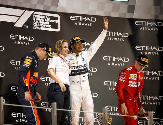 Motorsports: FIA Formula One World Championship, WM, Weltmeisterschaft 2019, Grand Prix of Abu Dhabi, 33 Max Verstappen (NLD, Aston Martin Red Bull Racing), Britta Seeger (GER, Member of the Board of Management of Daimler AG), 44 Lewis Hamilton (GBR, Mercedes AMG Petronas Motorsport), 16 Charles Leclerc (MCO, Scuderia Ferrari Mission Winnow), Abu Dhabi United Arab Emirates