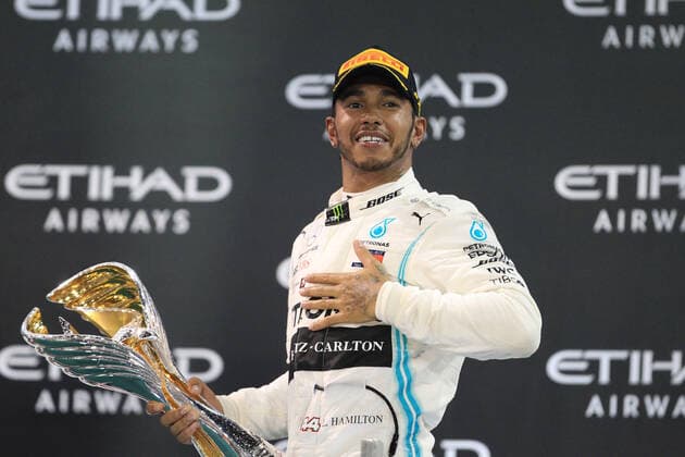 1st December 2019; Yas Marina Circuit, Abu Dhabi, United Arab Emirates; Formula 1 Abu Dhabi Grand Prix, race day; Mercedes AMG Petronas Motorsport, Lewis Hamilton wins in Abu Dhabi and celebrates on the podium  ActionPlus12192973 LeannexBoon