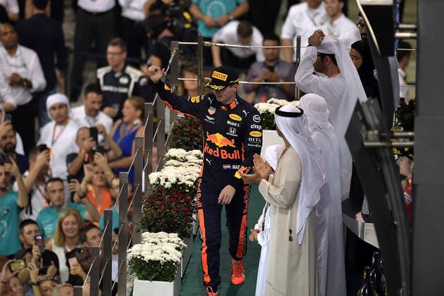 FORMULA 1 ETIHAD AIRWAYS ABU DHABI GRAND PRIX 2019 01 12 2019, Yas Marina Circuit, Abu Dhabi, FORMULA 1 ETIHAD AIRWAYS ABU DHABI GRAND PRIX 2019 , in the picture podium winner Lewis Hamilton GB 44 , Mercedes AMG Petronas Motorsport, 2 place for Max Verstappen NEL 33 , Aston Martin Red Bull Racing, 3 place for Charles Leclerc MCO 16 , Scuderia Ferrari Mission Winnow nordphotoxBratic nph00250