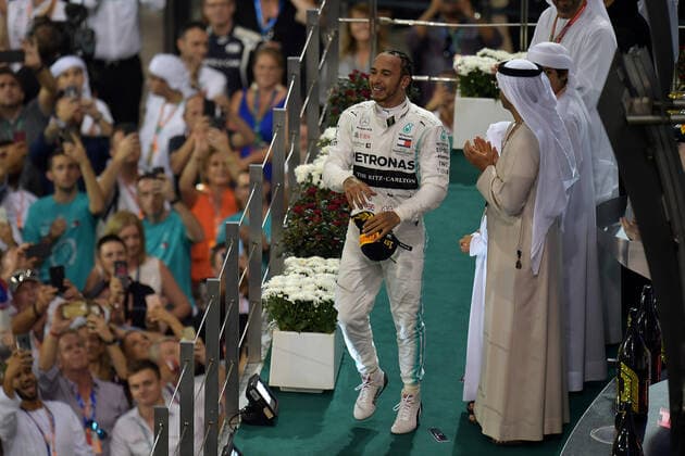 FORMULA 1 ETIHAD AIRWAYS ABU DHABI GRAND PRIX 2019 01 12 2019, Yas Marina Circuit, Abu Dhabi, FORMULA 1 ETIHAD AIRWAYS ABU DHABI GRAND PRIX 2019 , in the picture podium winner Lewis Hamilton GB 44 , Mercedes AMG Petronas Motorsport, 2 place for Max Verstappen NEL 33 , Aston Martin Red Bull Racing, 3 place for Charles Leclerc MCO 16 , Scuderia Ferrari Mission Winnow nordphotoxBratic nph00250