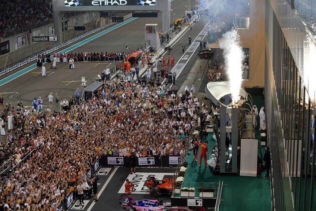 FORMULA 1 ETIHAD AIRWAYS ABU DHABI GRAND PRIX 2019 01 12 2019, Yas Marina Circuit, Abu Dhabi, FORMULA 1 ETIHAD AIRWAYS ABU DHABI GRAND PRIX 2019 , in the picture podium winner Lewis Hamilton GB 44 , Mercedes AMG Petronas Motorsport, 2 place for Max Verstappen NEL 33 , Aston Martin Red Bull Racing, 3 place for Charles Leclerc MCO 16 , Scuderia Ferrari Mission Winnow nordphotoxBratic nph00250
