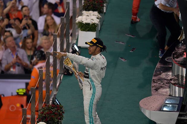 FORMULA 1 ETIHAD AIRWAYS ABU DHABI GRAND PRIX 2019 01 12 2019, Yas Marina Circuit, Abu Dhabi, FORMULA 1 ETIHAD AIRWAYS ABU DHABI GRAND PRIX 2019 , in the picture podium winner Lewis Hamilton GB 44 , Mercedes AMG Petronas Motorsport, 2 place for Max Verstappen NEL 33 , Aston Martin Red Bull Racing, 3 place for Charles Leclerc MCO 16 , Scuderia Ferrari Mission Winnow nordphotoxBratic nph00250