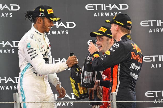 01 12 2019, xekx, Motorsport FIA, Formula 1 Abu Dhabi Grand Prix Race 2019 emspor, v l 1 Place Lewis Hamilton Mercedes AMG Petronas , 3 Place Charles Leclerc Ferrari , 2 Place Max Verstappen Aston Martin Red Bull Racing DFL DFB REGULATIONS PROHIBIT ANY USE OF PHOTOGRAPHS as IMAGE SEQUENCES and or QUASI VIDEO Abu Dhabi eel-fotografie Eberhard Krieger