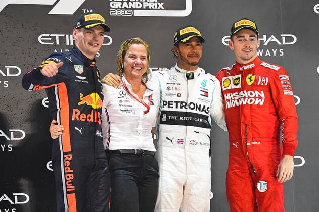 01 12 2019, xekx, Motorsport FIA, Formula 1 Abu Dhabi Grand Prix 2019 emspor, v l 2 Place Max Verstappen Aston Martin Red Bull Racing , Britta Seeger Member of the Board of Management of Daimler AG , 1 Place, Winner Lewis Hamilton Mercedes AMG Petronas , 3 Place Charles Leclerc Ferrari DFL DFB REGULATIONS PROHIBIT ANY USE OF PHOTOGRAPHS as IMAGE SEQUENCES and or QUASI VIDEO Abu Dhabi eel-fotografie Eberhard Krieger