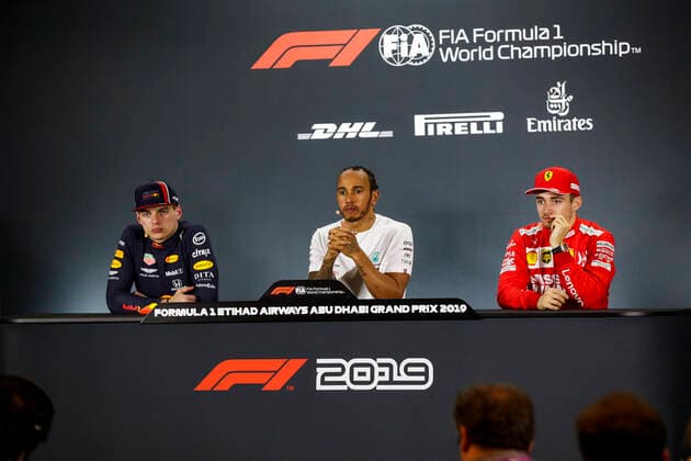 Motorsports: FIA Formula One World Championship, WM, Weltmeisterschaft 2019, Grand Prix of Abu Dhabi, 33 Max Verstappen (NLD, Aston Martin Red Bull Racing), 44 Lewis Hamilton (GBR, Mercedes AMG Petronas Motorsport), 16 Charles Leclerc (MCO, Scuderia Ferrari Mission Winnow), Abu Dhabi United Arab Emirates