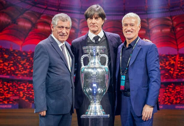 Bilder des Jahres 2019, Sport 11 November Nationaltrainer Gruppe F: Nationaltrainer Fernando Santos (Portugal), Nationaltrainer Didier Deschamps (Frankreich, France), Bundestrainer Joachim Loew (Deutschland Germany) - 30.11.2019: UEFA EURO2020 Auslosung, Romexpo Bukarest, DISCLAIMER: UEFA regulations prohibit any use of photographs as image sequences and or quasi-video. *** National Coach Group F National Coach Fernando Santos Portugal , National Coach Didier Deschamps France , France , National Coach Joachim Loew Germany 30 11 2019 UEFA EURO2020 Draw, Romexpo Bucharest, DISCLAIMER UEFA regulations prohibit any use of photographs as image sequences and or quasi video