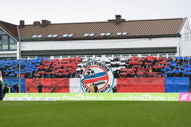 Unterhaching fans show choreography, fans, audience, spectators, mood, atmosphere, stadium, 01 12 2019, Unterhaching Germany , football, 3 league, SpVgg Unterhaching TSV 1860 Munich, DFB DFL REGULATIONS PROHIBIT ANY USE OF PHOTOGRAPHS AS IMAGE SEQUENCES AND OR QUASI VIDEO xslx
