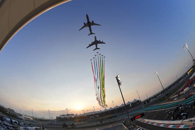 FORMULA 1 ETIHAD AIRWAYS ABU DHABI GRAND PRIX 2019 01 12 2019, Yas Marina Circuit, Abu Dhabi, FORMULA 1 ETIHAD AIRWAYS ABU DHABI GRAND PRIX 2019 , in the picture aircraft fly over the race track nordphotoxBratic nph00250