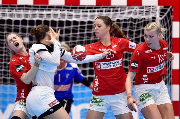 Sarah Iversen, Kristina Joergensen and Kathrine Heindal in action when Denmark meets Germany, in the preliminary round in Group B, during the Womens Handball World Cup in Kumamoto Prefectural Gymnasium in Japan, Tuesday, December 3, 2019, Kumamoto Denmark,  Copyright: BoxAmstrupx COP222 spdk20191203-125507-L