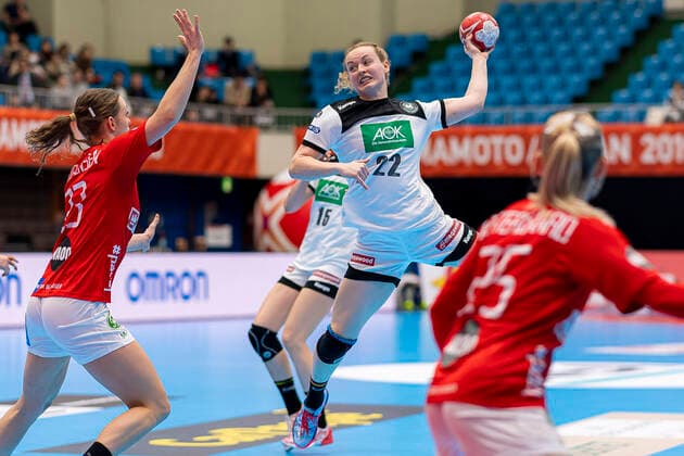 Handball, Women WM 2019, preliminary round, Group B, 3 matchday , Denmark Germany v li Kristina Jorgensen Denmark , Maren Weigel Germany Metzingen Kumamoto Kumamoto Prefectural Gymnasium Kumamoto Japan